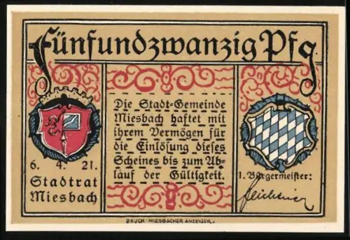 Notgeld Miesbach 1921, 25 Pfennig, Ortsansicht und Wappen von Miesbach