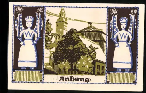 Notgeld Schneeberg 1921, 50 Pfennig, Ortsansicht und Figuren, Wappen im Zentrum