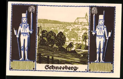 Notgeld Schneeberg 1921, 50 Pfennig, Bergmänner und Ortsansicht mit Wappen