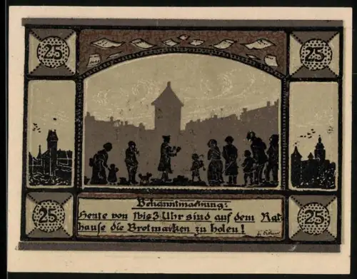Notgeld Mainbernheim 1921, 25 Pfennig, Menschenmenge vor Stadtsilhouette und zwei geflügelte Figuren mit Wappen