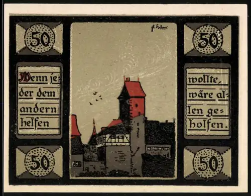 Notgeld Mainbernheim 1921, 50 Pf., Ortsansicht mit Spruch und Wappen mit zwei geflügelten Figuren