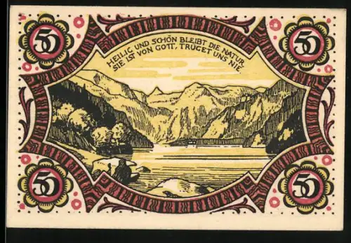 Notgeld Berchtesgaden 1920, 50 Pfennig, Landschaft mit Bergen und Fluss