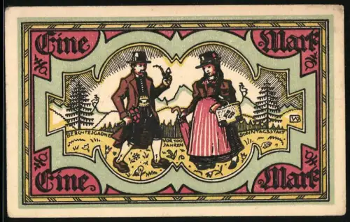 Notgeld Berchtesgaden 1920, 1 Mark, Trachtenträger vor Berglandschaft