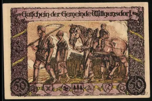 Notgeld Wittgensdorf 1921, 50 Pfennig, ländliche Szene mit Bauern und Pferd, humorvolle Darstellung mit Esel