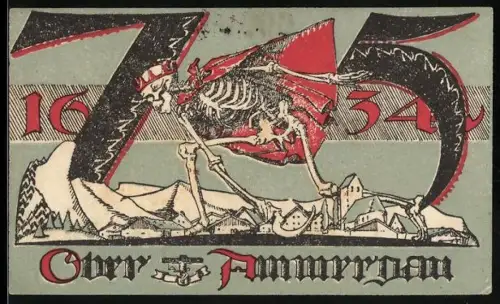 Notgeld Ober-Ammergau 1921, 75 Pfennig, Skelett über Ortsansicht und Schriftzug
