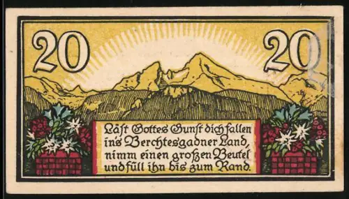 Notgeld Berchtesgaden 1920, 20 Pfennig, Berglandschaft mit Blumen und Wappen
