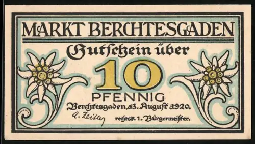 Notgeld Berchtesgaden 1920, 10 Pfennig, Edelweiss und Bergmann mit Rosen und Bergbau-Symbolen