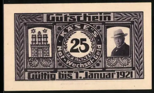 Notgeld Hamburg, 25 Pfennig, Wappen und Porträt mit Gültigkeit bis 1921