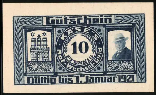 Notgeld Hamburg 1921, 10 Pfennig, Burgtor und Porträt mit Hut