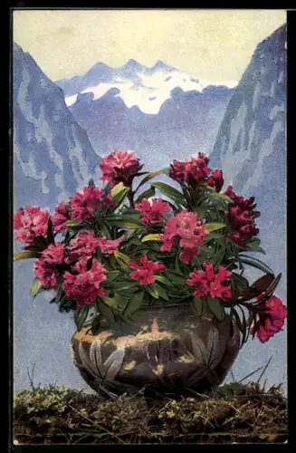 Künstler-AK Photochromie Nr.: 723, Schale mit rotblühender Pflanze