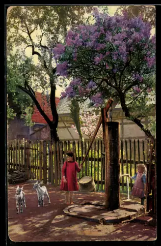 Künstler-AK Photochromie Nr. 3994: Kinder am Brunnen mit Zicklein