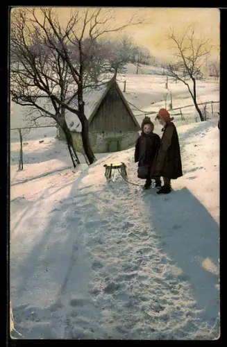 Künstler-AK Photochromie Nr. 2394: Zwei Kinder mit Schlitten im Schnee