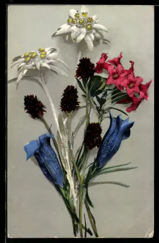 Künstler-AK Photochromie Nr.: 475, Bunter Strauss mit Edelweiss und blauem Enzian