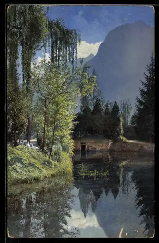 Künstler-AK Photochromie Nr. 1821: Uferpartie mit Bergen