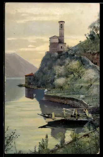 AK Photochromie NR 1606: Turm auf einer Anhöhe mit Blick zum Wasser