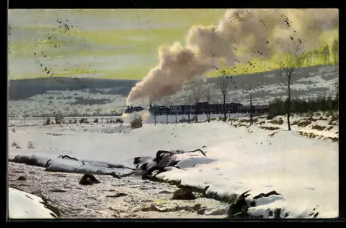 AK Photochromie NR 2413: Zug fährt durch eine Landschaft im Schnee
