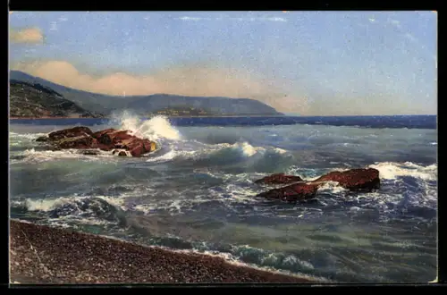 Künstler-AK Photochromie Nr. 2641: Riviera di Ponente, Bordighera, Felsen in der Brandung