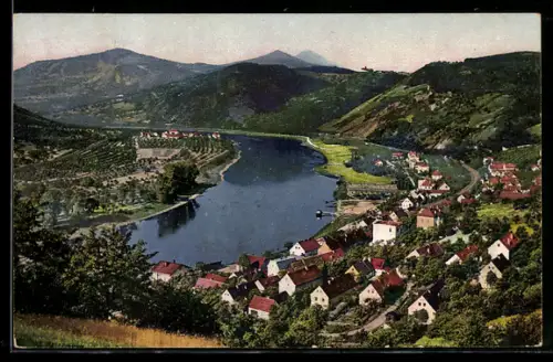 AK Salesel / Dolni Zalezly, Ort und Fluss von einer Anhöhe aus gesehen