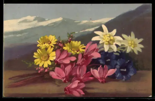 Künstler-AK Photochromie Nr. 1541: Edelweiss mit Alpenveilchen