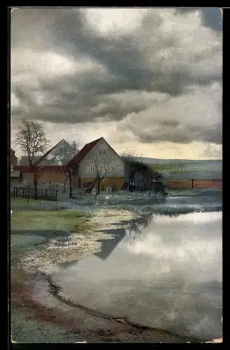 Künstler-AK Photochromie Nr. 1554: Haus am Wasser mit dunklen Wolken