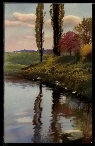 Künstler-AK Photochromie Nr. 4008: Idyllische Uferpartie mit blühenden Bäumen