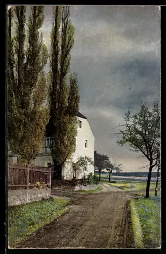 Künstler-AK Photochromie Nr. 1775: Ortspartie unter dunklen Wolken