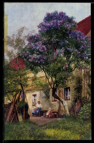 Künstler-AK Photochromie Nr. 4907: Blühender Flieder hinter dem Haus