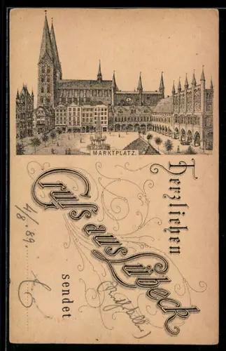 Vorläufer-Lithographie Lübeck, 1889, Marktplatz mit Kirche