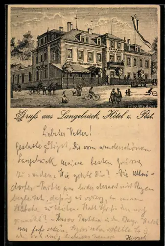 Vorläufer-Lithographie Langebrück, 1893, Hotel und Restaurant zur Post mit Passanten