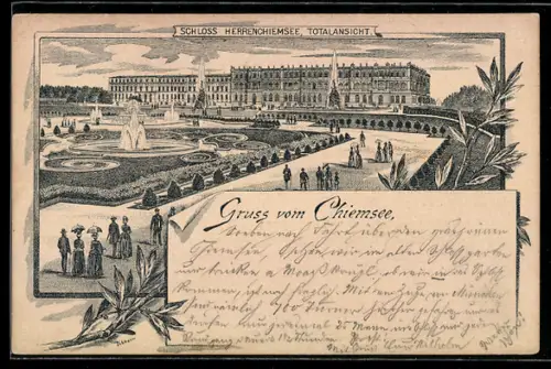 Vorläufer-Lithographie Chiemsee, 1889, Schloss Herrenchiemsee, Totalansicht