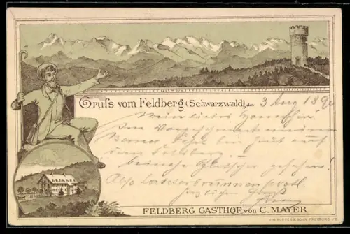 Vorläufer-Lithographie Feldberg /Schwarzwald, 1890, Gasthof von C. Meyer, Turm mit Alpenpanorama