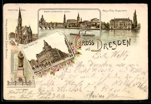 Vorläufer-Lithographie Dresden, 1894, König Johann-Strasse, Palais und Teich im Grossen Garten, Martin Luther-Kirche