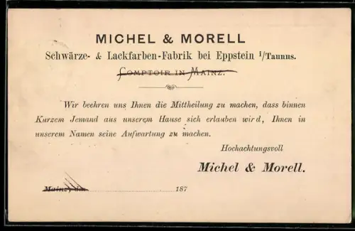 Vorläufer-AK Eppstein i. Taunus, 1881, Korrespondenzkarte Michel & Morell, Schwärze- und Lackfabriken