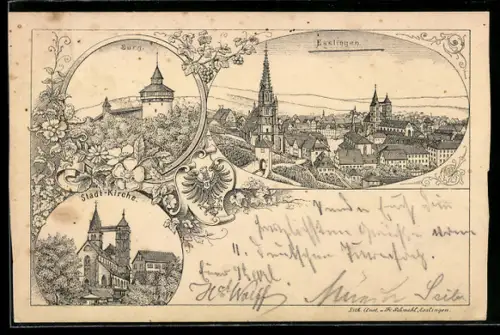 Vorläufer-Lithographie Esslingen, 1895, Stadtkirche, Burg und Totalansicht