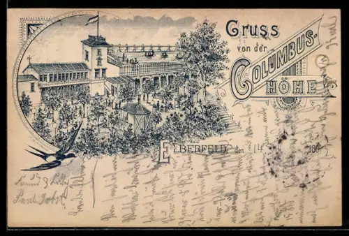Vorläufer-Lithographie Elberfeld, 1895, Gasthaus Columbus-Höhe mit Besuchern