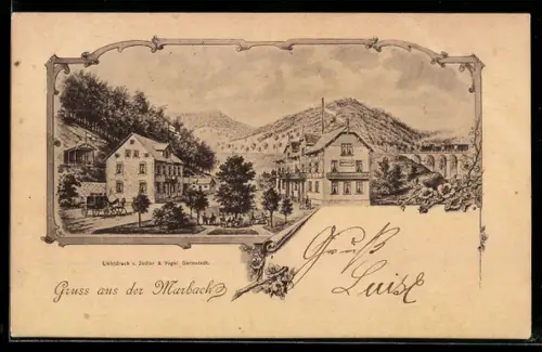 Vorläufer-AK Marbach / Neckar, 1891, Ortspartie mit Gasthaus und Eisenbahnviadukt
