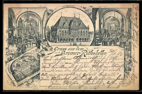 Vorläufer-Lithographie Bremen, 1892, Gasthaus Bremer Rathskeller, Rathaus