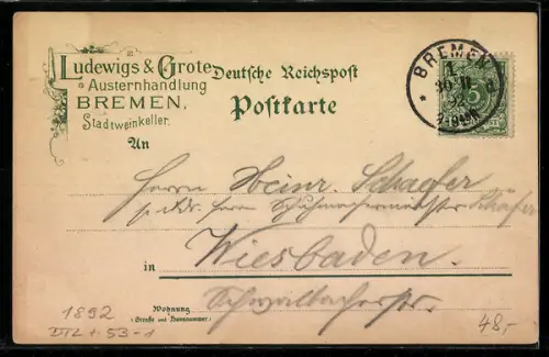 Vorläufer-Lithographie Bremen, 1892, Gasthaus Bremer Rathskeller, Rathaus