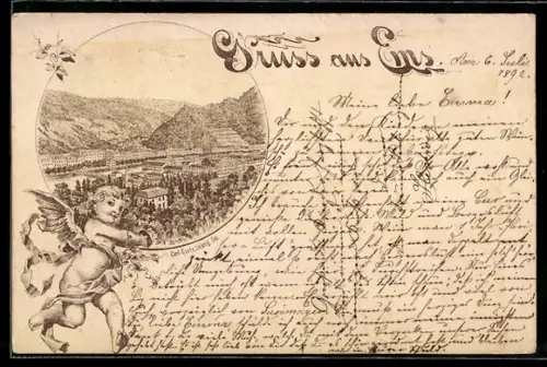 Vorläufer-Lithographie Ems, 1892, Ortsansicht im Passepartout mit Engel