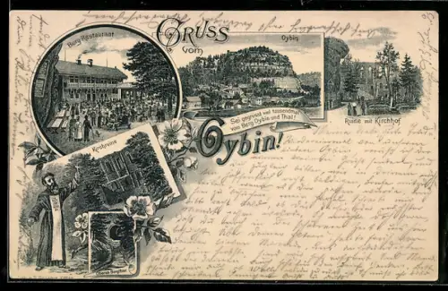 Vorläufer-Lithographie Oybin, 1893, Berg-Restaurant, Ruine mit Kirchhof, Oberes Burgthor