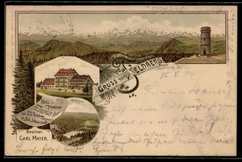 Vorläufer-Lithographie Feldberg /Schwarzwald, 1894, Hotel-Pension Feldberger Hof, Bes. C. Mayer, Feldbergsee