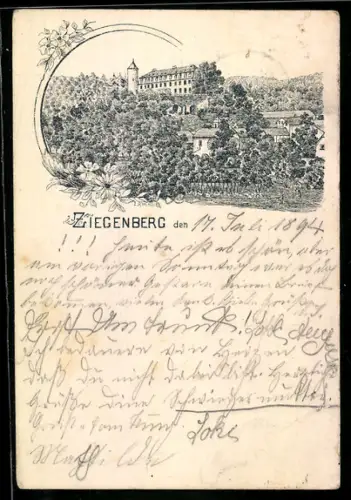 Vorläufer-Lithographie Ziegenberg, 1894, Ortsansicht mit Schloss