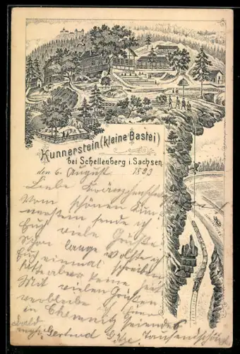 Vorläufer-Lithographie Schellenberg i. Sachsen, 1893, Gasthaus Kunnerstein, Kleine Bastei