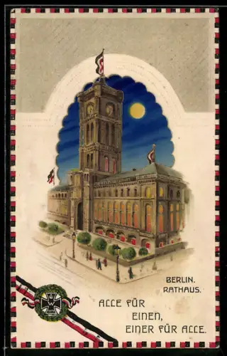 Lithographie Berlin, Rathaus, Reichsfahne und Eisernes Kreuz, Halt gegen das Licht