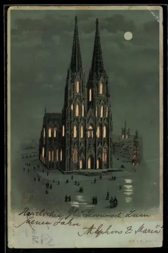 Mondschein-Lithographie Köln, Der Dom mit beleuchteten Fenstern, Halt gegen das Licht