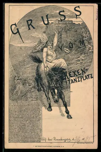 Vorläufer-Lithographie Thale, 1895, Hotel Hexentanzplatz, Hexen zu Pferd