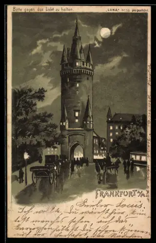 Mondschein-Lithographie Frankfurt a. M., Blick zum Turm, Halt gegen das Licht
