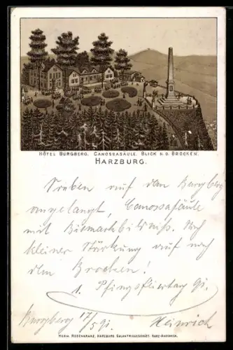 Vorläufer-Lithographie Harzburg, 1891, Hotel Burgberg, Canossasäule, Blick nach dem Brocken