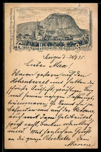 Vorläufer-Lithographie Singen, 1895, Ortsansicht mit Hohentwiel