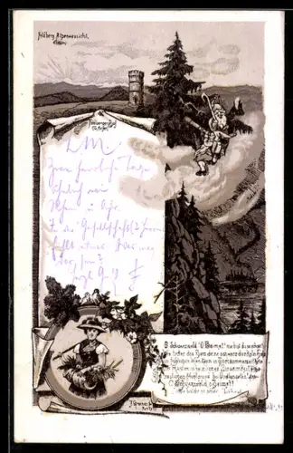 Vorläufer-AK Feldberg /Schwarzwald, 1891, Turm mit Alpenaussicht, Kletternde Zwerge, Dame in Tracht